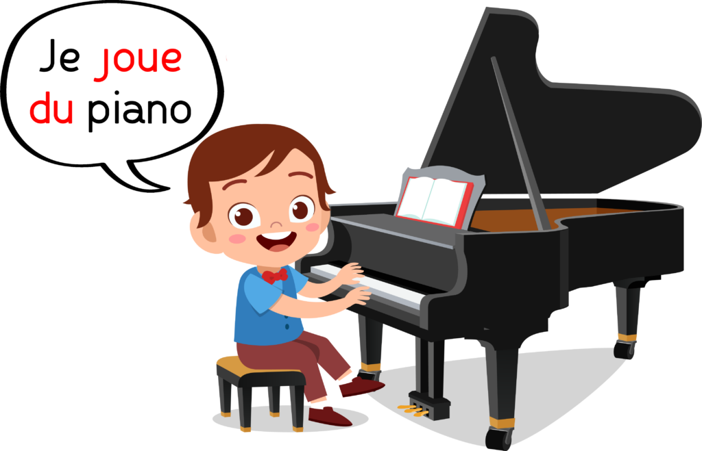 Verbo y artículos con los instrumentos de música en francés con Peques Français